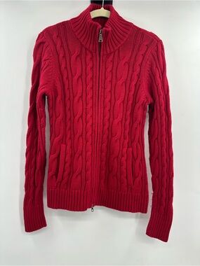Eddie Bauer Red Cable-Knit Zip Front Sweater